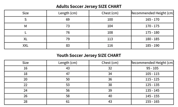 Soccer Jersey size Chart