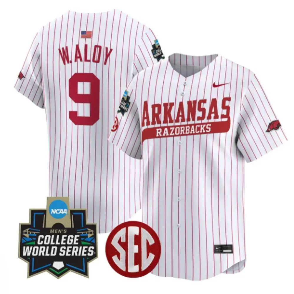 Mens Youth Arkansas Razorbacks #9 Wehiwa Aloy 2025 White Pinstripe College Baseball Game Jersey