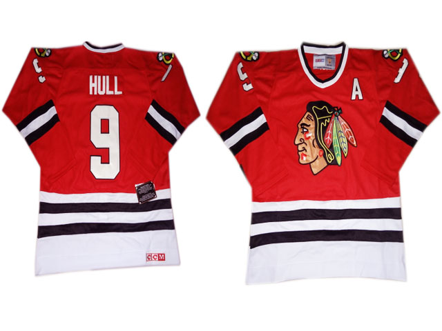 Men's Chicago Blackhawks #9 Bobby Hull Red CCM 1971 Throwback Jersey