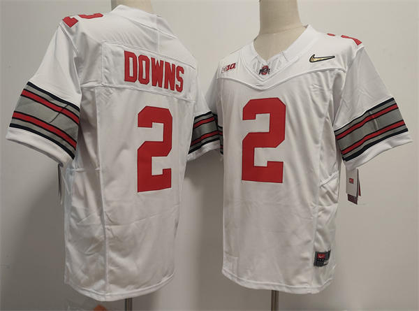 Mens Ohio State Buckeyes #2 Caleb Downs White Diamonds HERITAGE STRIPES Football Game Jersey