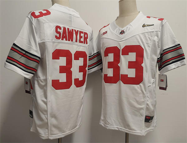 Mens Ohio State Buckeyes #33 Jack Sawyer White Diamonds HERITAGE STRIPES Football Game Jersey