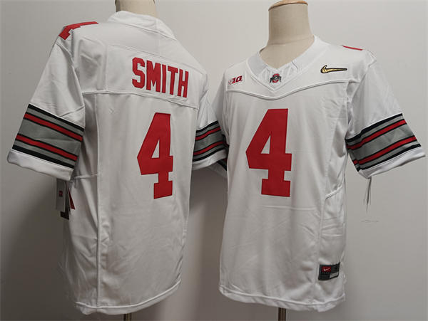 Mens Ohio State Buckeyes #4 Jeremiah Smith White Diamonds HERITAGE STRIPES Football Game Jersey