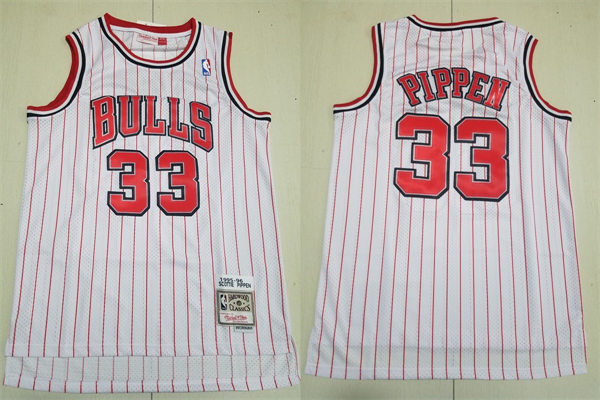 Mens Chicago Bulls #33 Scottie Pippen White Pinstripe Mitchell & Ness 1995-96 Hardwood Classics Reload Swingman Jersey