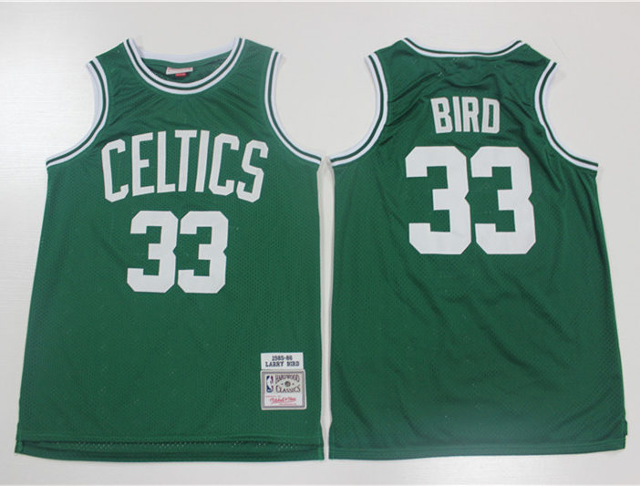 Mens Boston Celtics #33 Larry Bird 1985-86 Green Mitchell & Ness Hardwood Classics Throwback Jersey