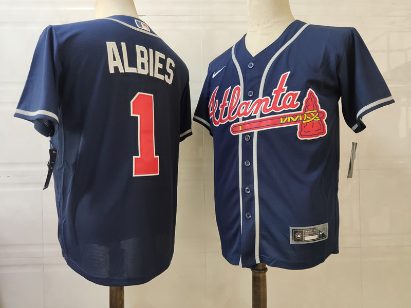 Men's Atlanta Braves #1 Ozzie Albies Nike Navy Alternate Cool Base Jersey