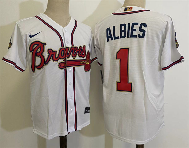 Men's Atlanta Braves #1 Ozzie Albies White 2022 Gold Program World Championship Jersey