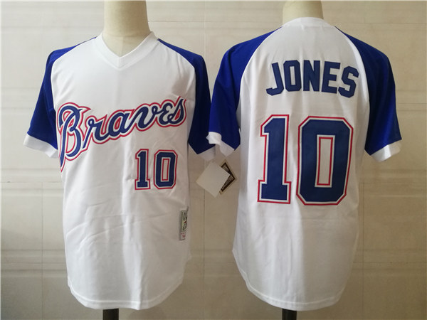 Men's Atlanta Braves Retired Player #10 Chipper Jones 1974 White Pullover Throwback Jersey