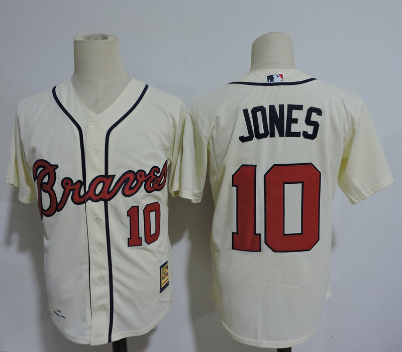 Men's Atlanta Braves Retired Player #10 Chipper Jones Cream Throwback Jersey