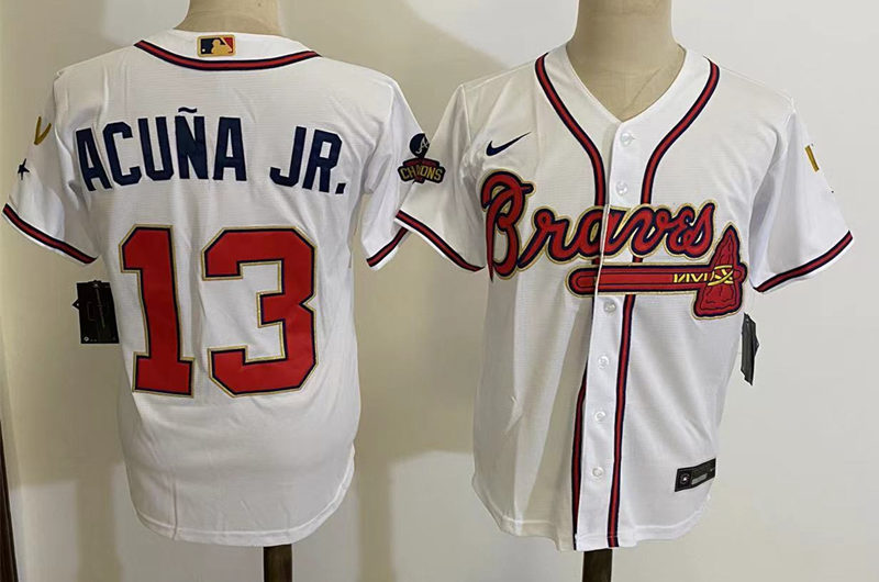 Men's Atlanta Braves #13 Ronald Acuna Jr. White 2022 Gold Program World Championship Jersey