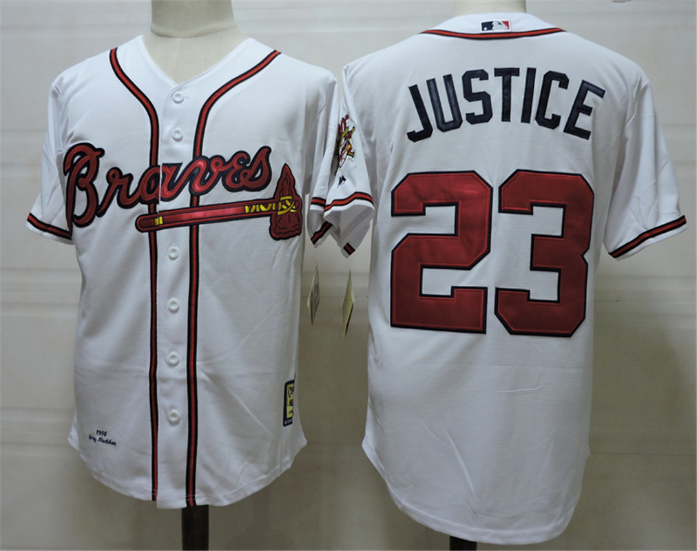 Men's Atlanta Braves #23 David Justice Home White MLB Cool Base Jersey W/1995 World Series & 30th Season Patch