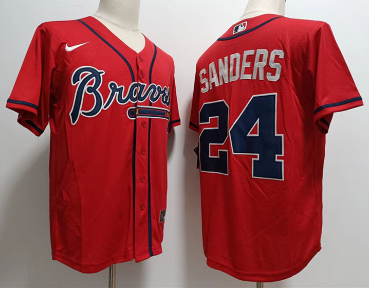 Men's Atlanta Braves Retired Player #24 Deion Sanders Nike Red Cool Base Baseball Jersey