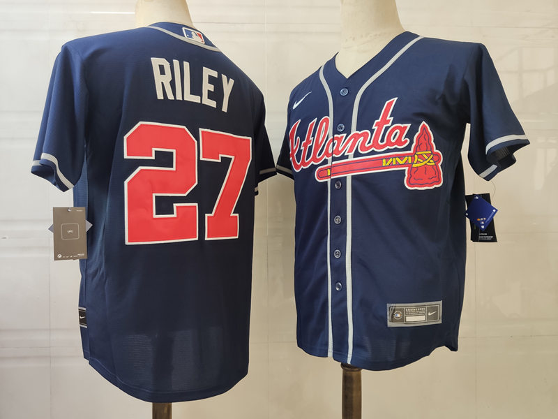 Mens Atlanta Braves #27 Austin Riley Nike Navy Alternate Cool Base Jersey