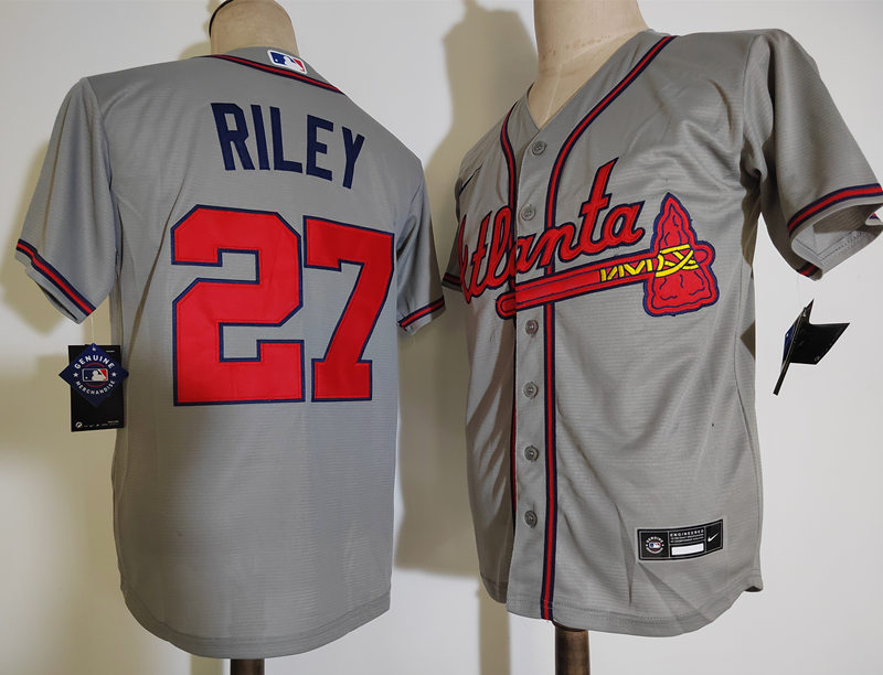 Mens Atlanta Braves #27 Austin Riley Nike Gray Road Cool Base Jersey