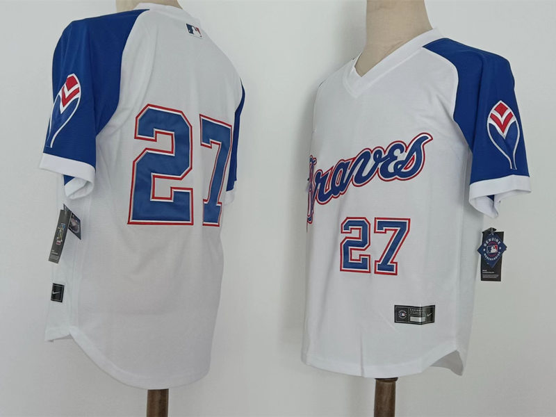 Mens Atlanta Braves #27 Austin Riley Nike White Pullover Cooperstown Jersey