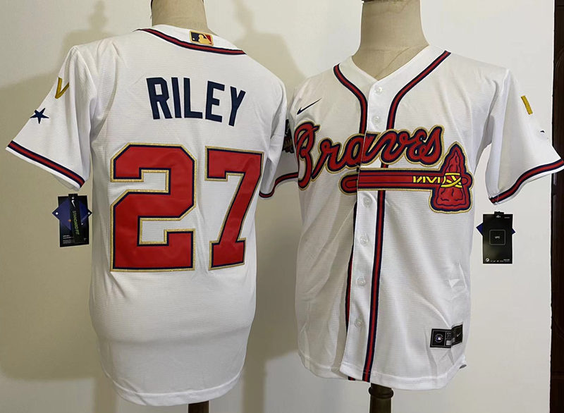 Men's Atlanta Braves #27 Austin Riley White 2022 Gold Program World Championship Jersey