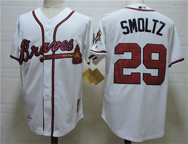 Men's Atlanta Braves Retired Player #29 John Smoltz White Cooperstown Throwback Jersey