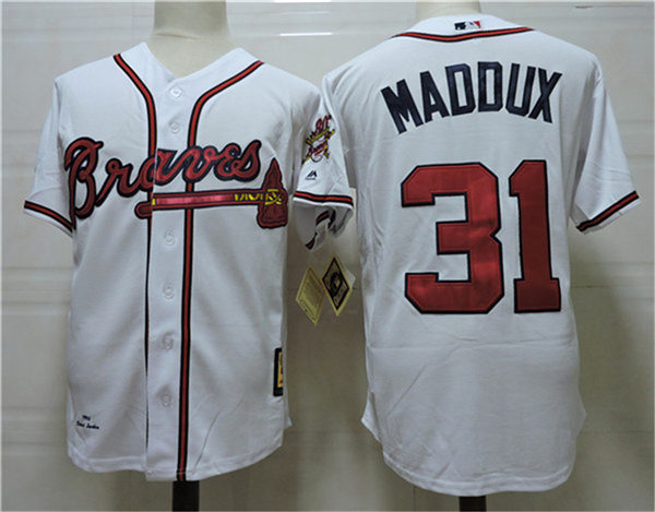 Men's Atlanta Braves #31 Greg Maddux White 1995 World Series Throwback Cooperstown Jersey