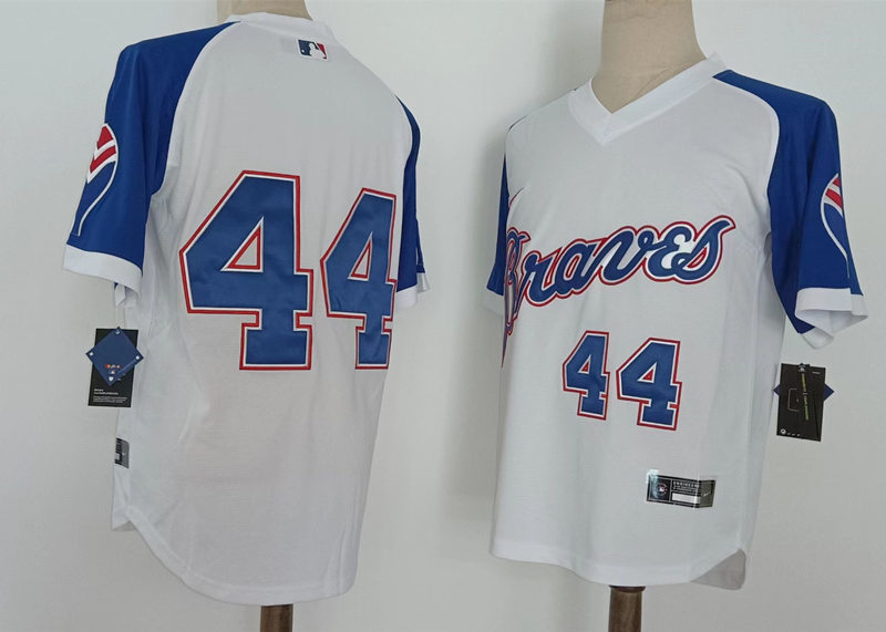 Mens Atlanta Braves Retired Player #44 Hank Aaron Nike White Pullover Cooperstown Jersey