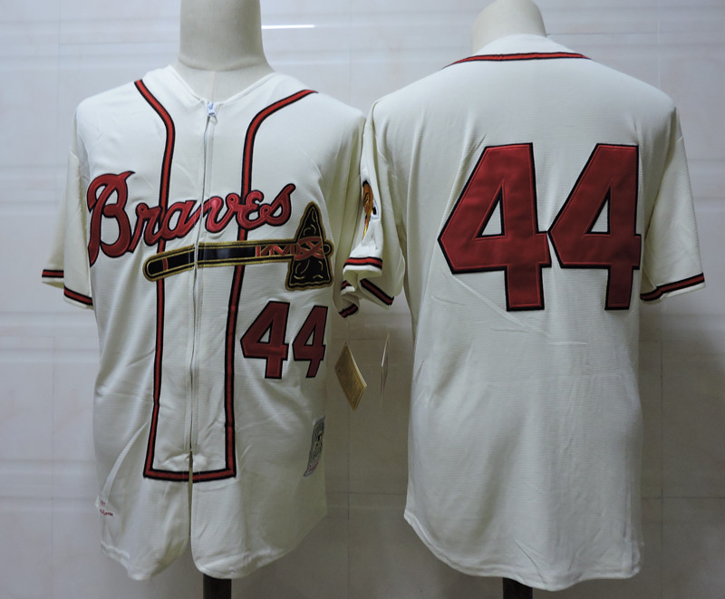 Men's Atlanta Braves Retired Player #44 Hank Aaron 1957 Throwback Vintage Cream Zipper Jersey