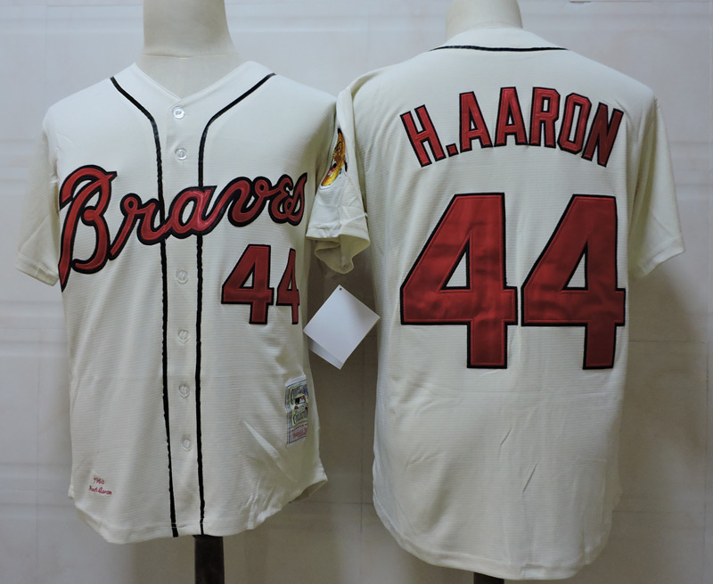 Men's Milwaukee Braves #44 Hank Aaron 1963 Cream Throwback Mitchell&Ness Jersey