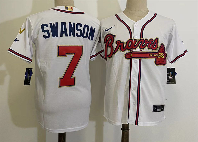 Men's Atlanta Braves #7 Dansby Swanson White 2022 Gold Program World Championship Jersey