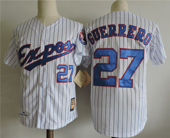 Men's Montreal Expos #27 Vladimir Guerrero White Pinstripe Throwback Jersey