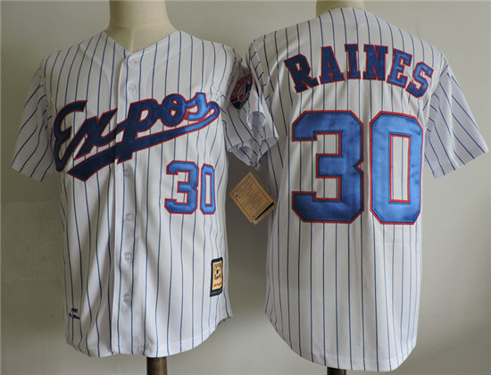 Mens Montreal Expos #30 Raines White Pinstripe Throwback Cooperstown Jersey