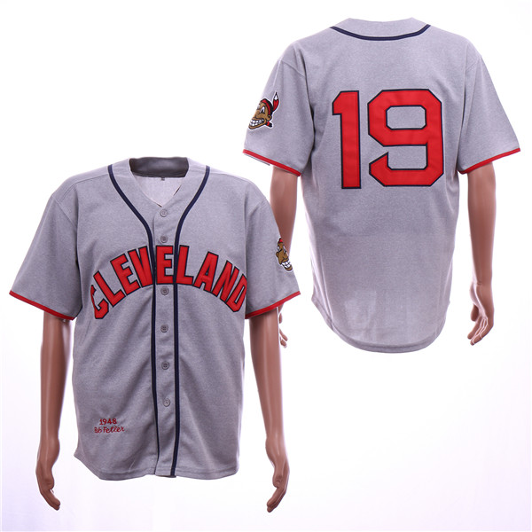 Men's Cleveland Indians #19 Bob Feller 1948 Gray Wool Mitchell&Ness Throwback Jersey