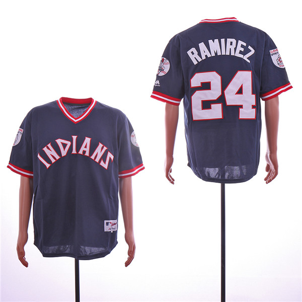 Men's Cleveland Indians Retired Player #24 Manny Ramirez Navy Blue Pullover Majestic 1976 Turn Back The Clock Jersey