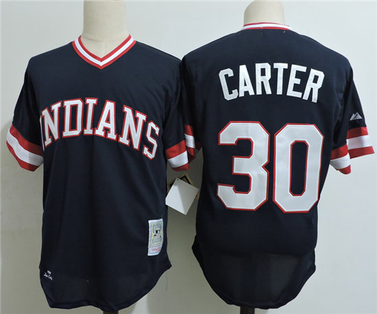 Men's Cleveland Indians #30 JOE CARTER Cleveland Indians 1984 Majestic Navy Blue Cooperstown Throwback Away Jersey
