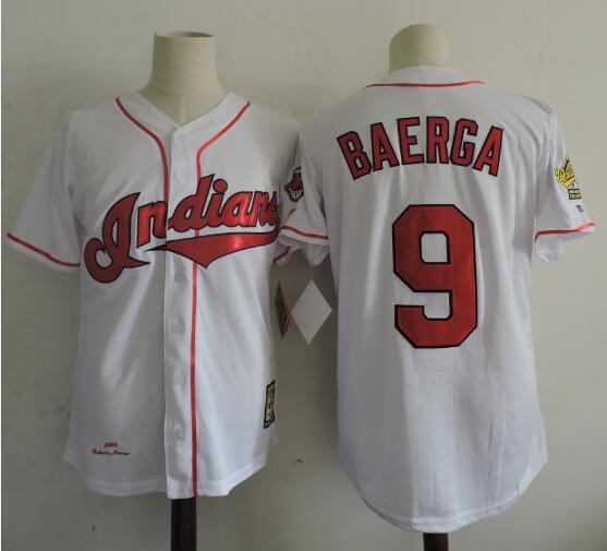 Men's Cleveland Indians Retired Player #9 Carlos Baerga White Throwback Vintage 1995 Game Worn World Series Jersey With World Series Patch