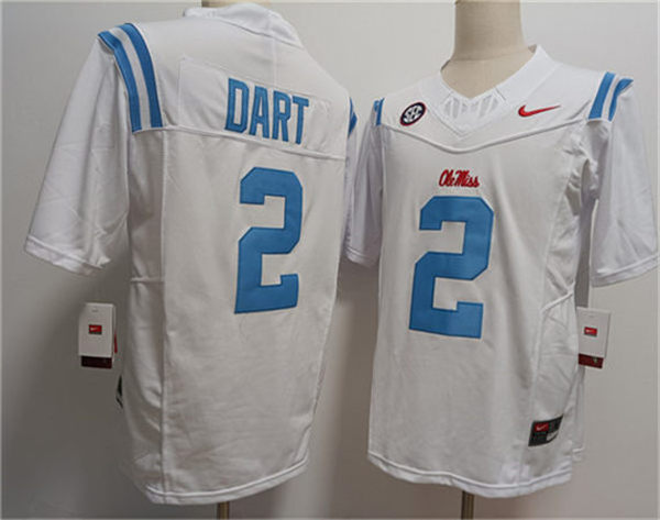 Mens Ole Miss Rebels #2 Jaxson Dart 2024 White Blue F.U.S.E. Limited Football Game Jersey