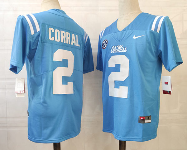 Mens Ole Miss Rebels #2 Matt Corral Nike Light Blue College Football Game Jersey