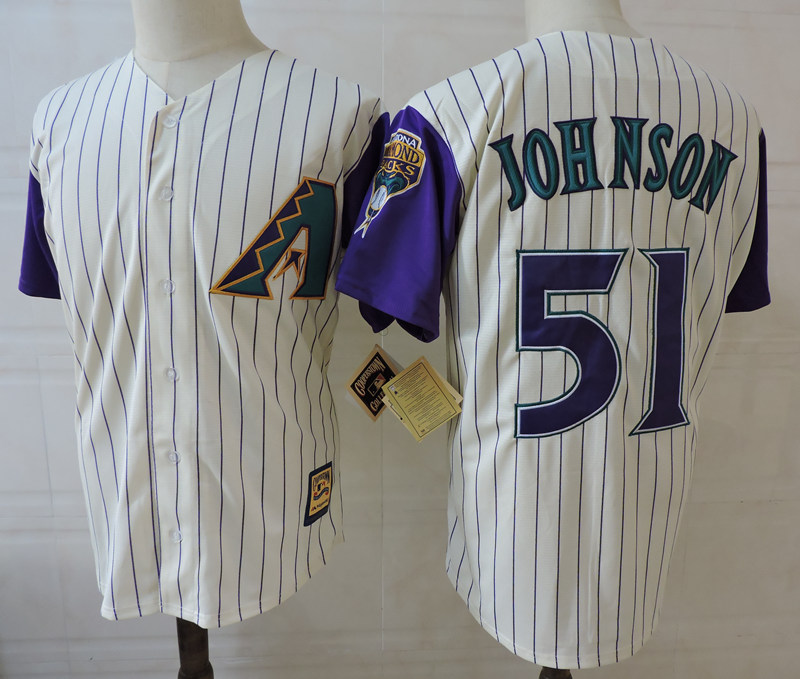 Men's Arizona Diamondbacks Retired Player #51 Randy Johnson Cream Purple Pinstripe Cooperstown Baseball Jersey