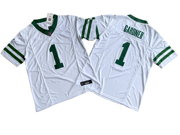 Mens New York Jets #1 Sauce Gardner Nike White Legacy 2023 Vapor F.U.S.E. Limited Jersey