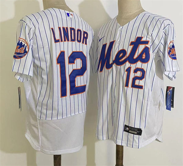 Men's New York Mets #12 Francisco Lindor Home White Pinstripe Stitched Nike MLB Flex Base Jersey