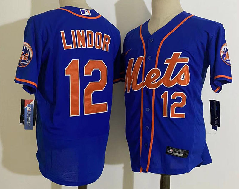 Men's New York Mets #12 Francisco Lindor Blue Orange Stitched Nike MLB Flex Base Jersey