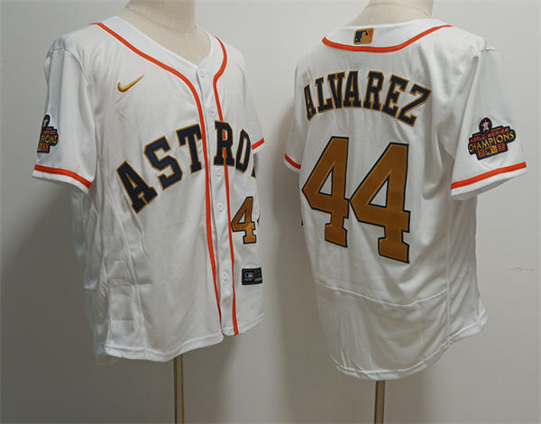 Mens Houston Astros #44 Yordan Alvarez 2023 White Gold Rush World Series Champions Jerse