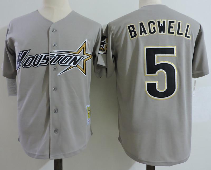 Men's Houston Astros Retired Player #5 Jeff Bagwell Grey Mitchell & Ness Throwback Baseball Jersey