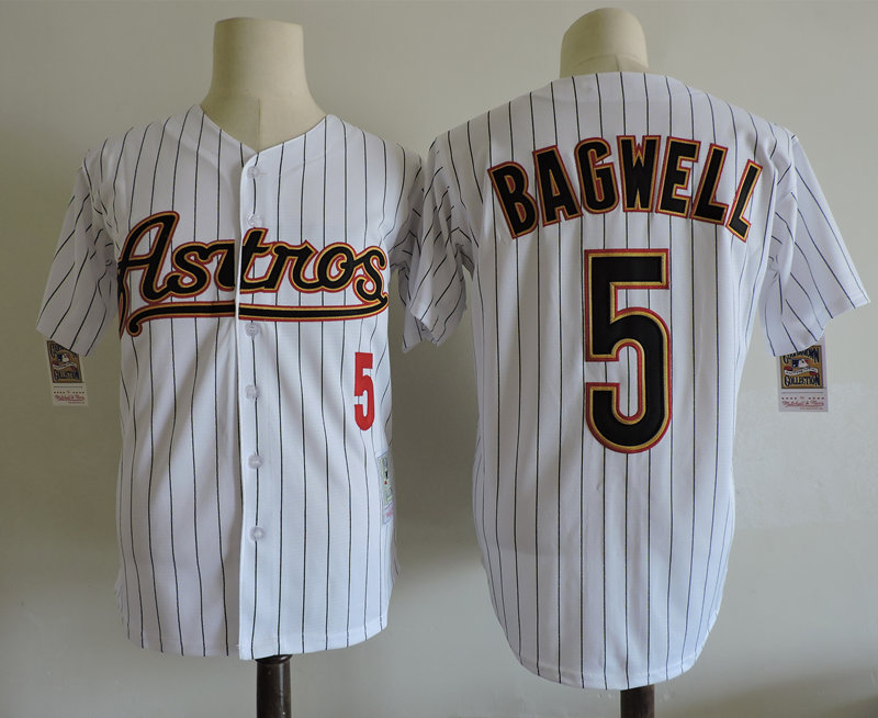 Men's Houston Astros #5 Jeff Bagwell White Pinstirpe 2001 Throwback Stitched MLB Majestic Cooperstown Collection Jersey