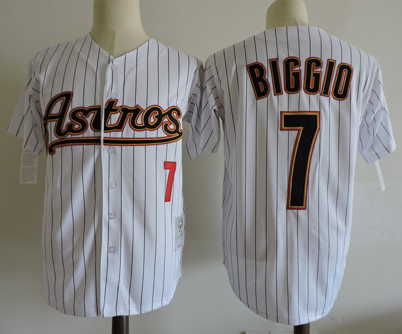 Men's Houston Astros #7 Craig Biggio White Pinstirpe 2001 Throwback Stitched MLB Majestic Cooperstown Collection Jersey