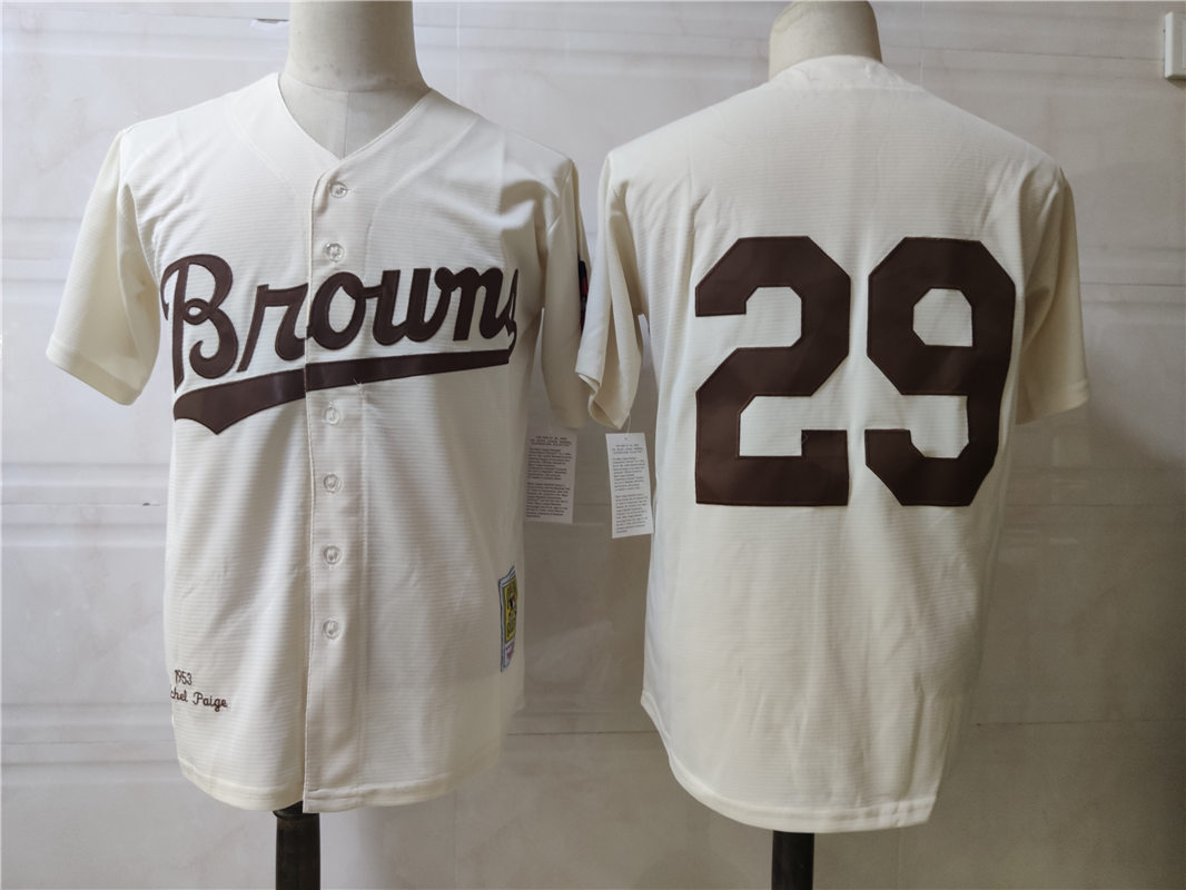 Mens St. Louis Browns #29 Satchel Paige Cream Mitchell&Ness Throwback Baseball Jersey