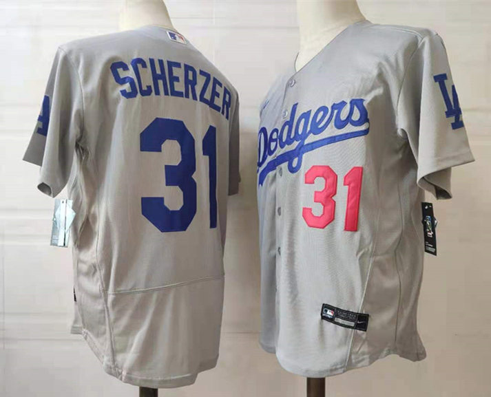 Mens Los Angeles Dodgers #31 Max Scherzer Nike Grey Road FlexBase Jersey