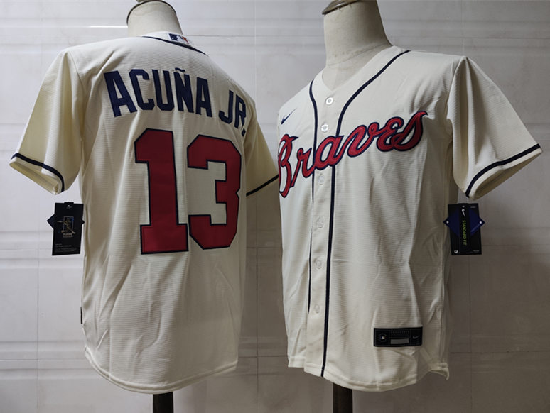 Men's Atlanta Braves #13 Ronald Acuna Jr. Nike Cream Alternate Cool Base Jersey