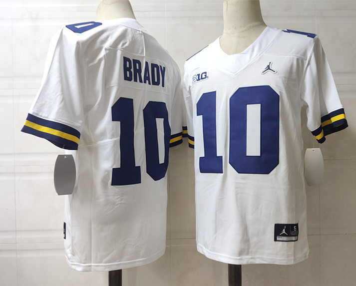 Men's Michigan Wolverines #10 Tom Brady Brand Jordan White NCAA College Football Jersey