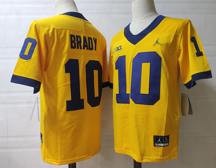 Men's Michigan Wolverines #10 Tom Brady Gold Stitched College Football Brand Jordan NCAA Jersey