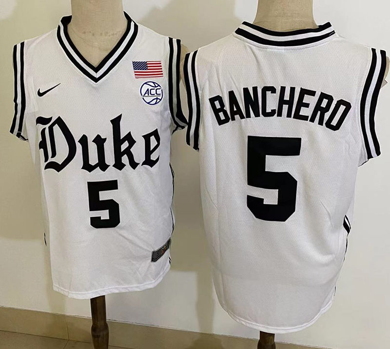 Mens Duke Blue Devils #5 Paolo Banchero 2021-22 White Cameron Brotherhood uniform Jersey