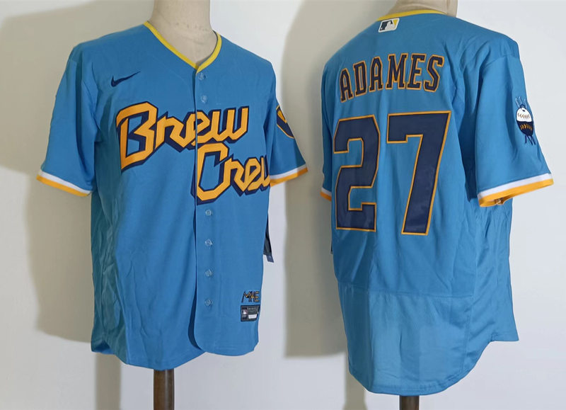 Mens Milwaukee Brewers #27 Willy Adames Powder Blue 2022 City Connect Authentic Jersey