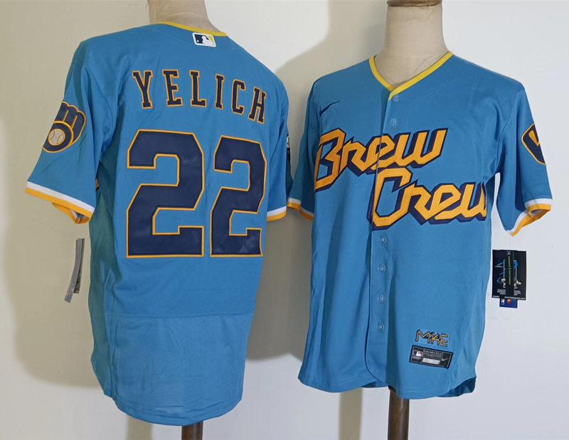 Mens Milwaukee Brewers #22 Christian Yelich 2022 City Connect Jersey Powder Blue