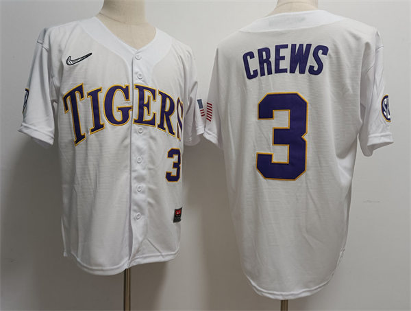 Mens Youth LSU Tigers #3 Dylan Crews White 2023 College Baseball World Series Jersey